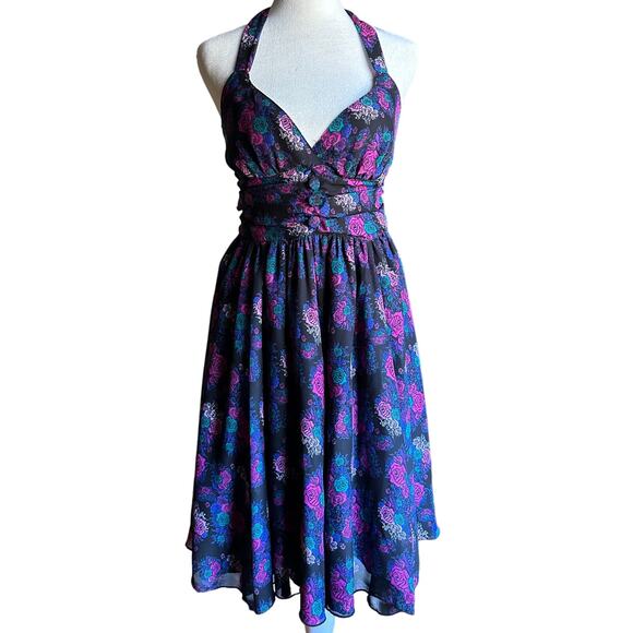 HELL BUNNY Vixen | Margot Dark Floral Halter Retro Dress | Size Small - Picture 1 of 7
